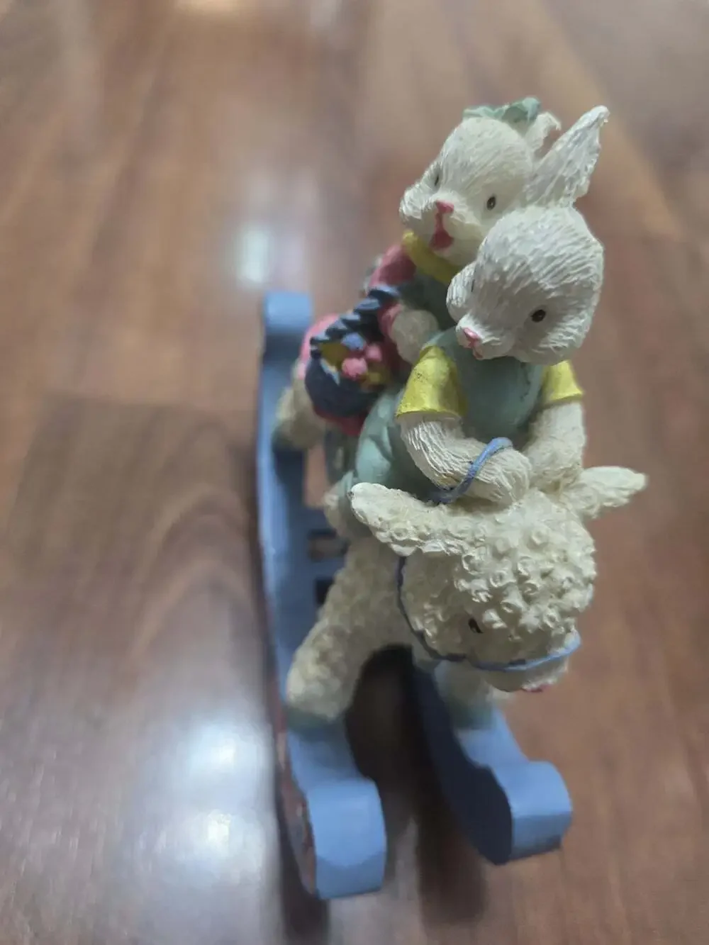 Vintage Resin Easter Bunny Rabbit Figurines Riding On Blue Rocking Lamb READ
